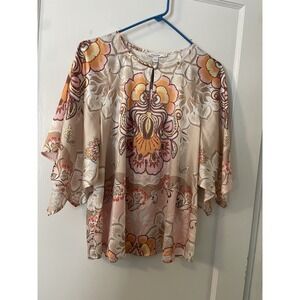 New Chico's Sz 2-4 Floral Flair Porcelain Rose Flowy Sleeves Shirt‎ Blouse Silky